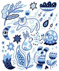 Vector poster or card with forest animals, flowers, moon, clouds and drops. Cute vector illustration