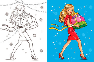 Colouring book of girl carries Christmas gifts