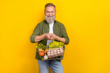 Portrait of positive satisfied aged person toothy smile hold groceries basket isolated on yellow...