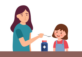 Mother is feeding syrup medicine to her child in flat design. Sick girl take medicine syrup for disease treatment. - obrazy, fototapety, plakaty