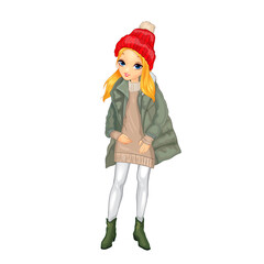 Girl in beige dress and green jacket