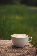 Cup of cappuccino outdoors. Shallow depth of field