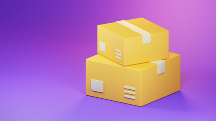 3D render cardboard box or delivery parcel concept icon isolated on purple background minimal design illustration.