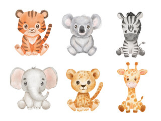 Cute portraits tiger, koala, elephant in cartoon style. Drawing african baby zebra and giraffe isolated on white background. Set of sitting Jungle animals