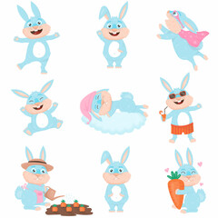 Collection of cute blue cartoon rabbits