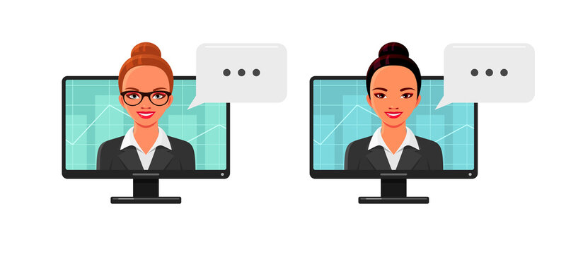 Businesswomen portraits on computer screen. Set of female characters, Asian and European girls, trader, manager or realtor with graph. Vector cartoon illustrations isolated on white background