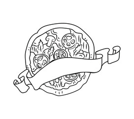 Pizza with ribbon vector ink hand drawing. Template for menus, signs, flyers, banners, poster design.
