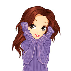 Pretty girl in purple warm knitted sweater
