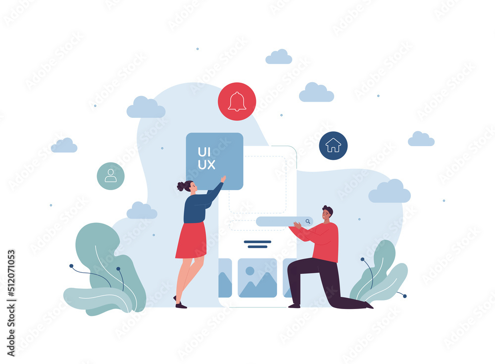 Poster ui, ux and web design concept. vector flat character illustration. team of man and woman make interf