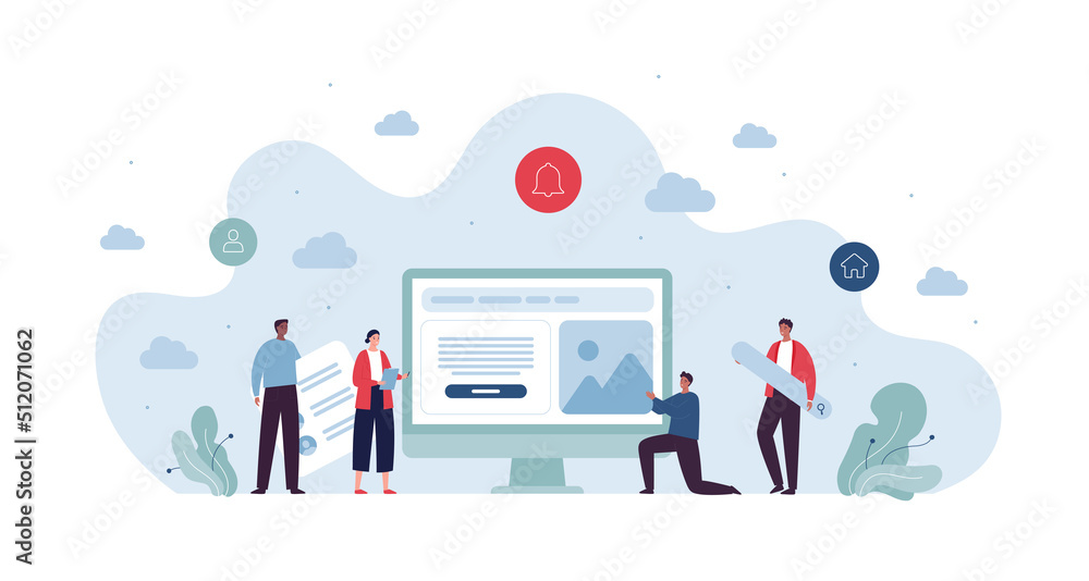 Poster ui, ux and web design concept. vector flat character illustration. multiethic team of male and femal