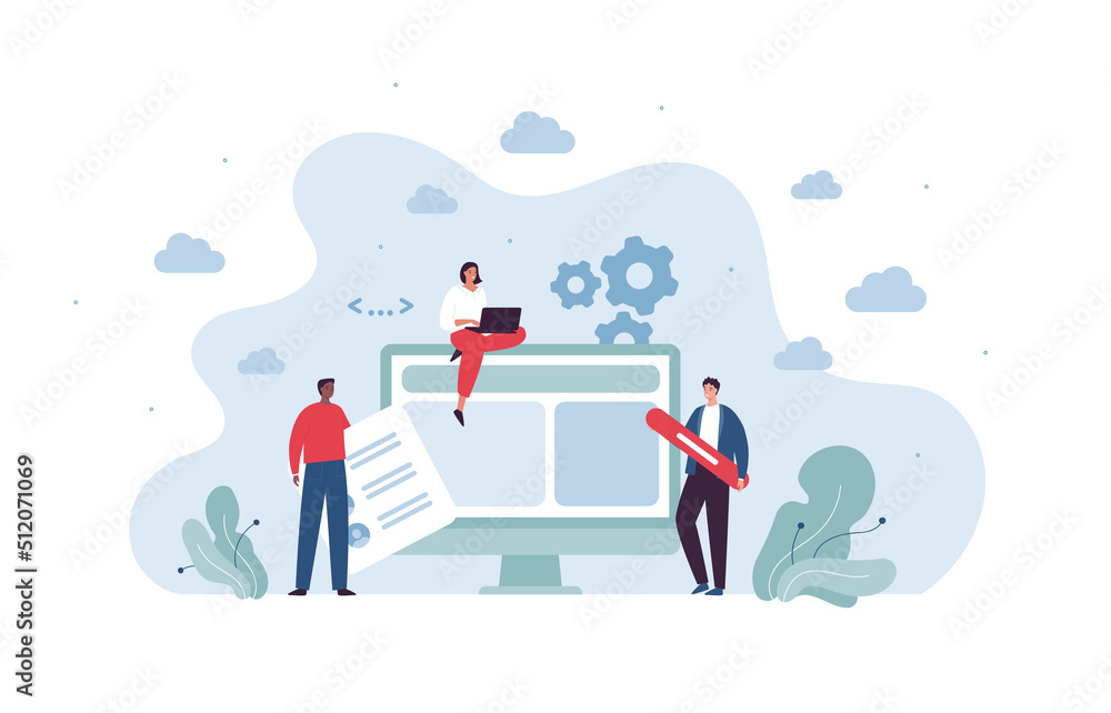 Poster ui, ux and web design concept. vector flat character illustration. multiethic team of male and femal