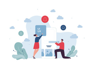 UI, UX and web design concept. Vector flat character illustration. Team of man and woman make interface on smartphone screen. Search and buttons symbol.