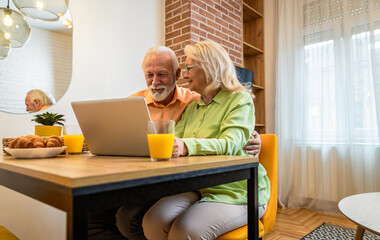 Smiling senior couple using laptop at home in living room.