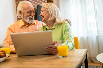 Smiling senior couple using laptop at home in living room.