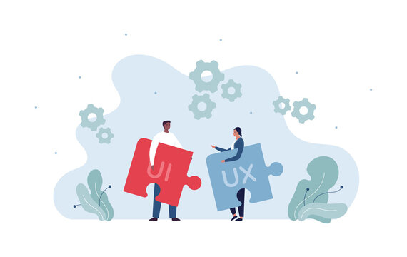 UI, UX and web design concept. Vector flat character illustration. Multienthic team of afrcian man and woman holding puzzle piece. Gear symbol.
