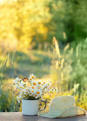 chamomile flowers in white cup and braided hat on table in garden, sunny natural abstract background. summer season. composition. relaxation, harmony atmosphere - obrazy, fototapety, plakaty
