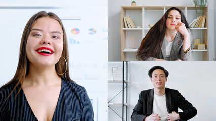 Video meeting. Corporate webinar. Remote training. Screenshot of diverse business team watching online presentation at virtual office.