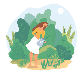 Beautiful cute girl watering the flowers and plants in garden. Love of gardening. Colorful bright picture with green colored frame of greenery isolated on white background. Flat, vector illustration.