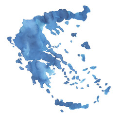 Water color illustration of blank Greece Silhouette in blue colour with artistic brush strokes. Hand painted graphic drawing on white background, isolated clip art element for design, banner, poster.