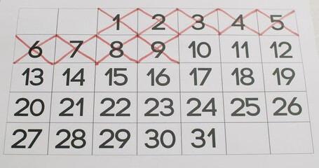 Man's hand Write down the all day on the paper calendar using a red pen. Very important date in the calendar. Signing a day on a calendar. Calendar date of the month cut.