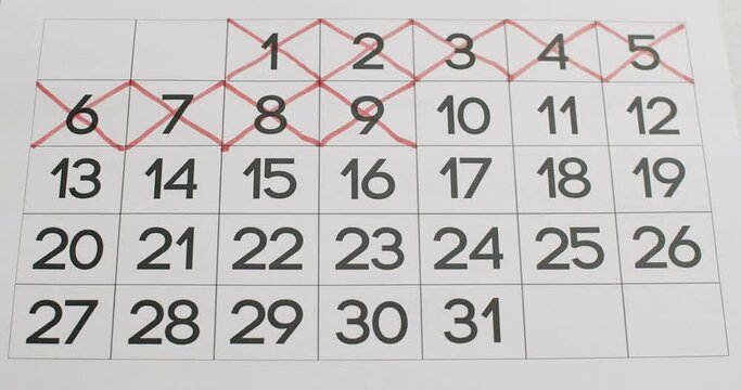 Man's hand Write down the all day on the paper calendar using a red pen. Very important date in the calendar. Signing a day on a calendar. Calendar date of the month cut.