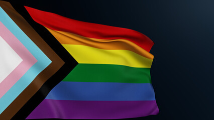 Rainbow flag. LGBT rights. Gay tolerance. Progress Pride with 5 five color chevron symbol of communities unity. Realistic 3D illustration with cotton texture.