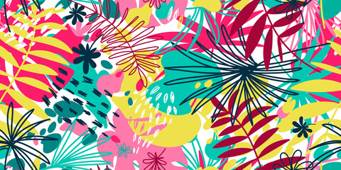 Vector seamless pattern with floral hand drawn elements. Bright color tropical background. © Liudmila Ozerova