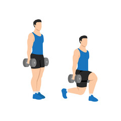 Man doing Dumbbell walking lunges exercise. Flat vector illustration isolated on white background