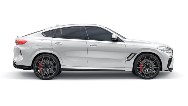 Berlin. Germany. June 10, 2022. White BMW X6M Competition III 2020 F96 on a white background. 3d model of a sports SUV in a coupe body. 3d rendering.