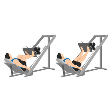 Man doing leg press exercise on machine. Flat vector illustration isolated on white background