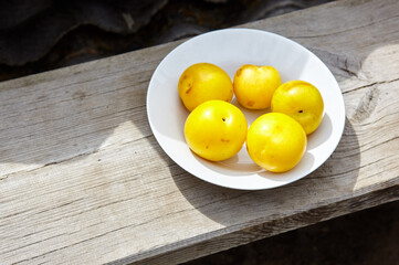 Ripe yellow plums on plate. Juicy fruit on wooden background, closeup. Fresh plum, vegetarian food. Harvest concept, top view