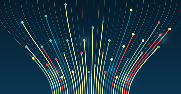 A dynamic array of information consisting of multi-colored lines and waves. Data sorting process. Big data stream futuristic infographics. File structuring, machine learning. Big data visualization.