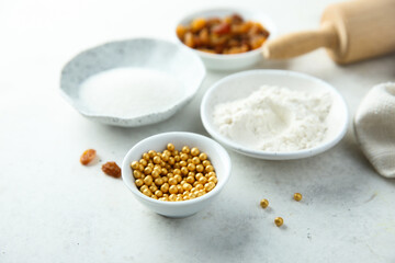 Baking ingredients on a white table