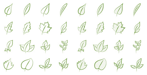 Vector set of green leaves in doodle style on a white background. Nature, leaf, foliage, ecology clip art design.