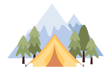 Camping in mountains. Tent in outdoor travel concept. Summer trip. Nature tourism. Vector flat illustration 