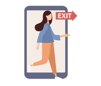 Digital Detox. Freedom From Internet, Smartphone And Social Media. Exit Sign. Offline Life. Woman Stepping Out Of The Mobile Phone Screen. Vector Flat Illustration 