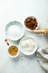 Baking ingredients on a white table