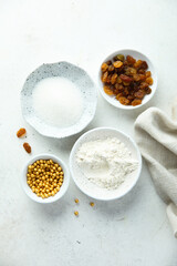 Baking ingredients on a white table