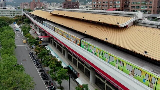 Aerial view on Mass Rapid Transportation (MRT) in Taiwan, Taipei, Xin Beitou station