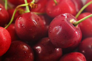 heap of fresh tasty cherries background, top view