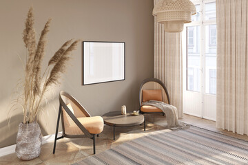 A cozy room in warm colors with a blank horizontal poster over a round coffee table, two rattan chairs, large spikelets in a clay vase, linen curtains by the window door, rug on the floor. 3d render
