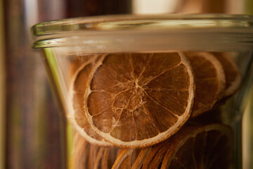 Dried orange is storesd in glass vessel