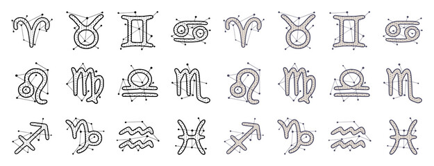 Zodiac signs in hand drawn style isolated on white background. Horoscope symbols cosmic clip art design.