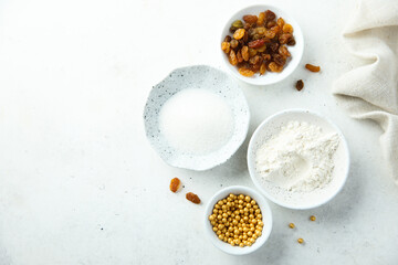 Baking ingredients on a white table
