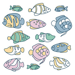Fototapeta premium vector ocean exotic fish sea set collection vintage aquatic element childish underwater stickers 