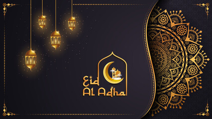Luxury mandala background happy eid al Adha calligraphy withgolden arabesque pattern Arabic Islamic east style. Ramadan Style Decorative mandala. Mandala for print, poster, cover, brochure, flyer