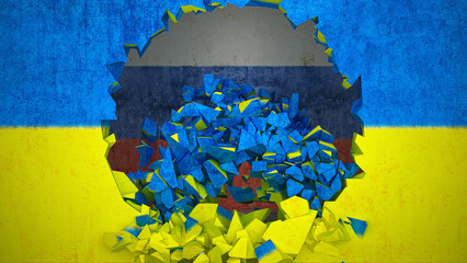 Metaphorical representation of the war between russia and ukraine, a wall with the ukrainian flag is destroyed and reveals the russian flag, 3d rendering, 3d illustration