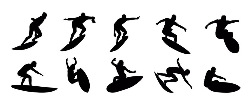Set of high quality detailed silhouettes of a surfer. Silhouettes isolated of surfers. 