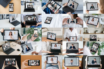 Video call collage. Virtual meeting. Internet cooperation. Corporate teleconference. Montage...