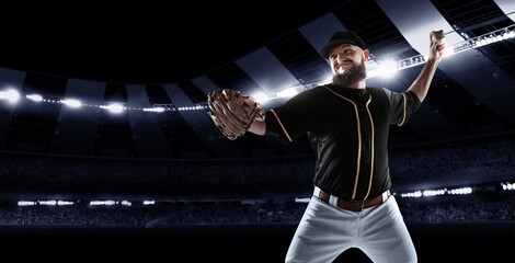 Sport collage with professional baseball player with baseball glove and ball in action during match in crowded sport stadium at evening time.